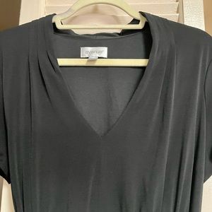 NWOT BLACK MIDI DRESS “ ELASTIC WAISTBAND FAUX WRAP FRONT 22” p47”L SILKY SOFT